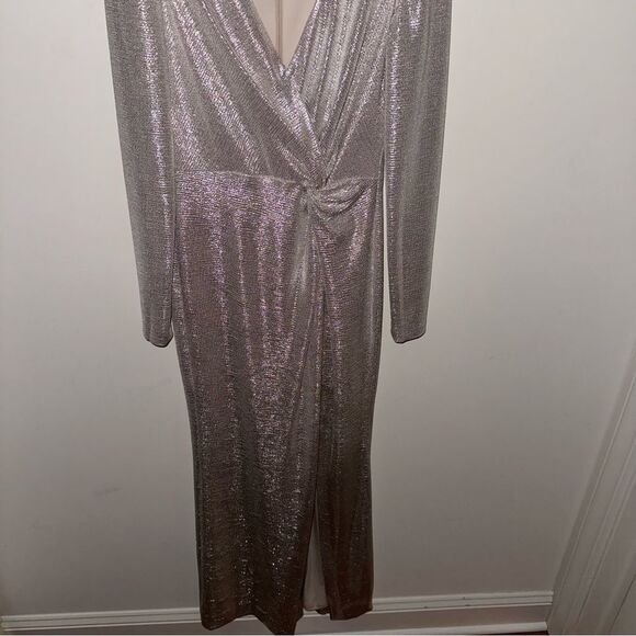 Eliza J Silver Metallic V-Neck Twist Front Plunging Long-Sleeve Wrap Gown - Picture 5 of 15